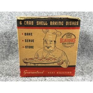 Vintage Glasbake Crab Shell Baking Dishes Set of 6 McKee Glass Co Clear Boxed